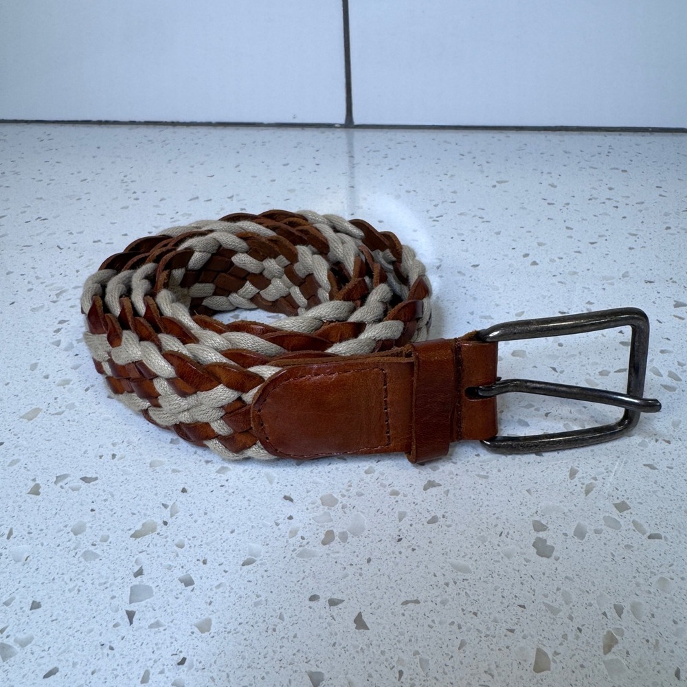 Pikolinos Brown Leather Beige Woven Braided Belt Size 95 Casual Boho Adjustable